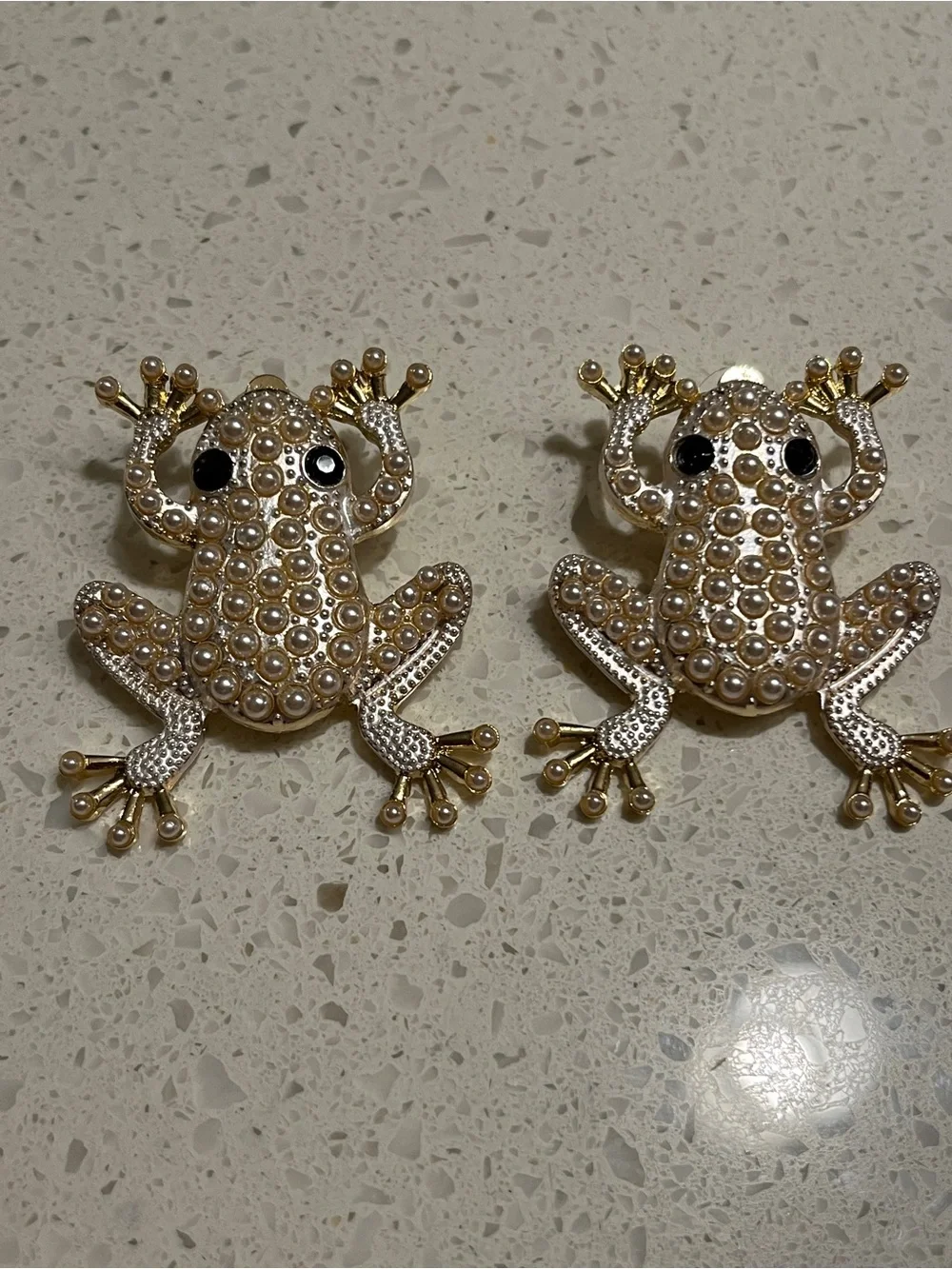 Faux Pearl, Gold Frog‎ Dangle Earrings